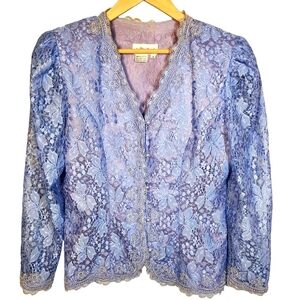 Vintage 80s Purple Blue Lace Jacket Victorian Cottagecore Regency Formal Sheer 8